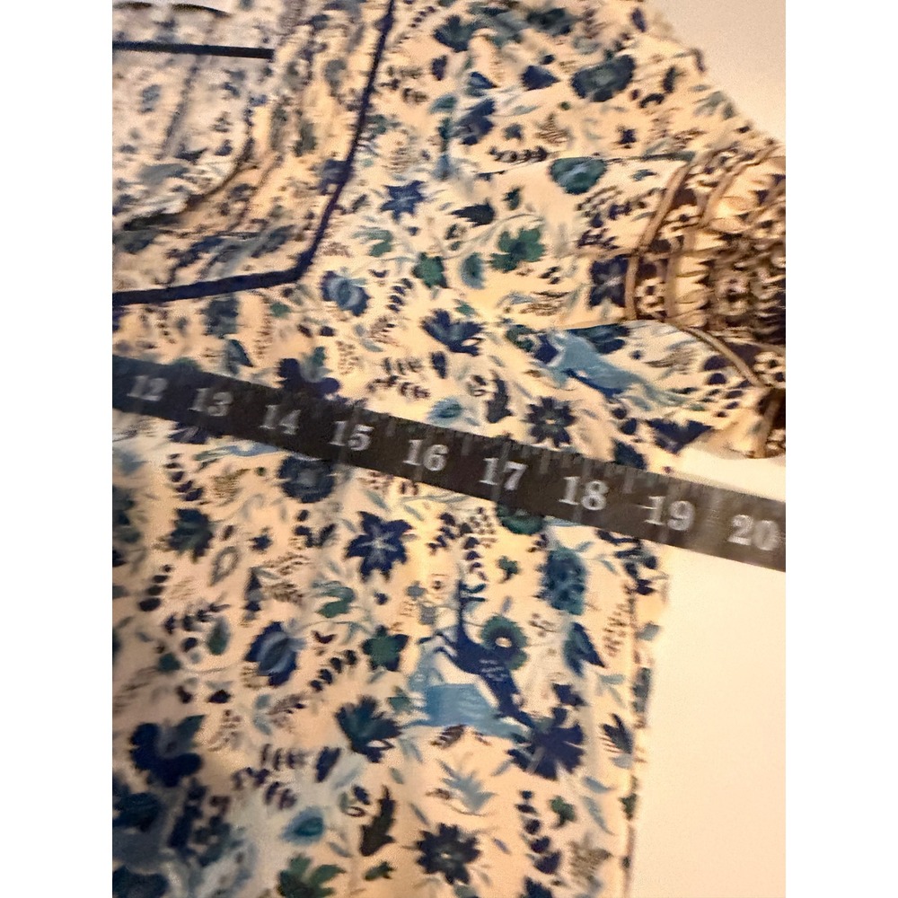 Sea New York Doe Print Blue Floral Silk Puff Sleeve Tassel Blouse Top Size 4 - Picture 7 of 11
